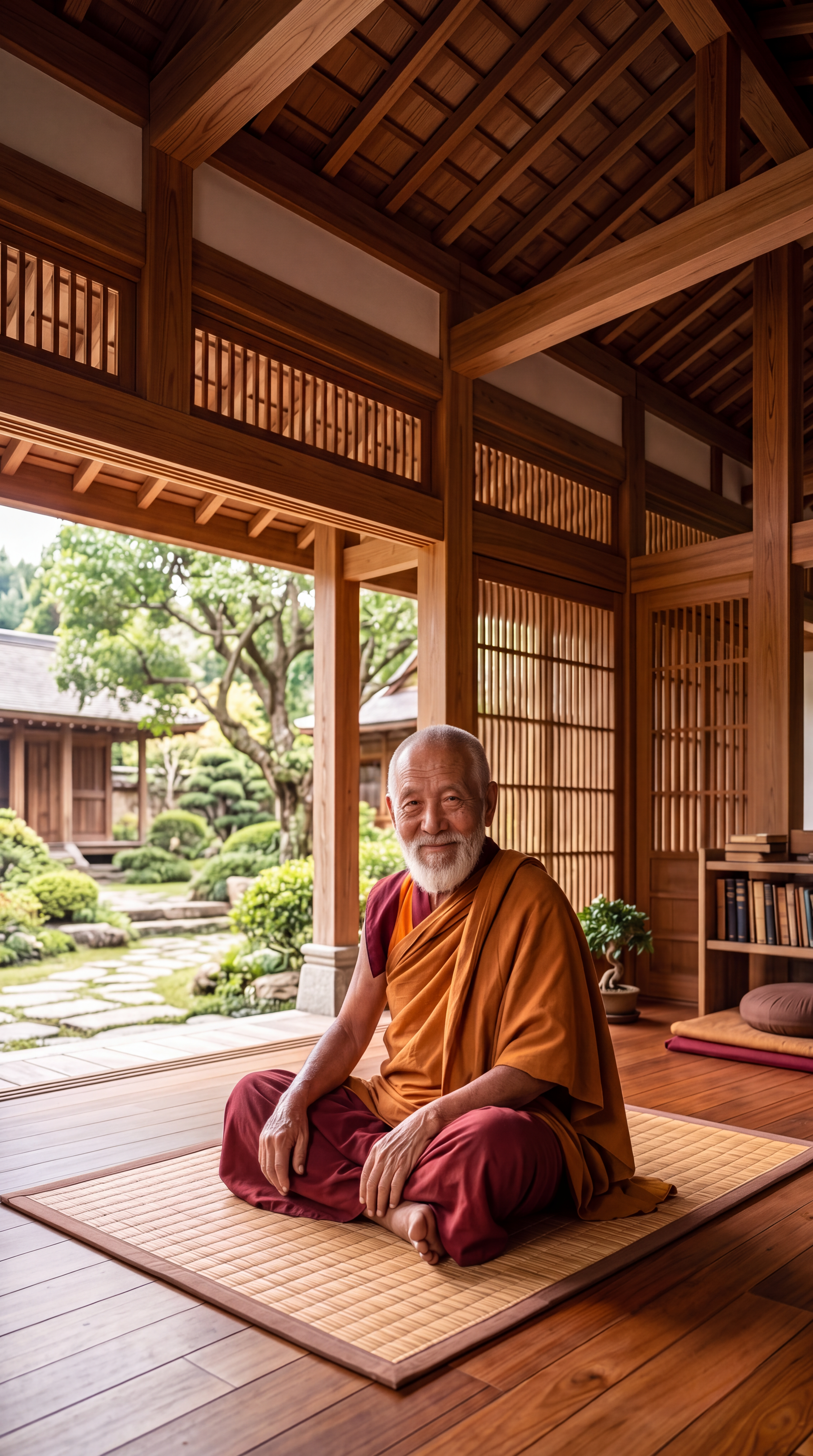 Gurudev, an elderly Buddhist monk, seated peacefully